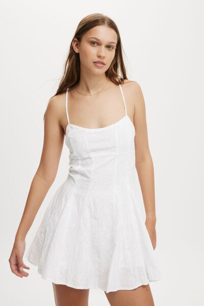 Kiera Godet Hem Mini Dress, WHITE PAISLEY EMBROIDERY