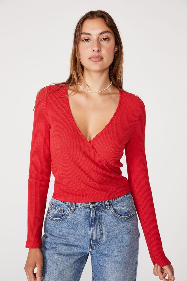 Wade Wrap Long Sleeve Top, LUCKY RED