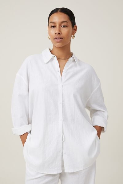 Long Sleeve Zip-Up Cotton Poplin Blouse, White