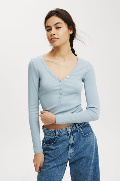 Kelsey V Front Henley Long Sleeve, DELPHI BLUE