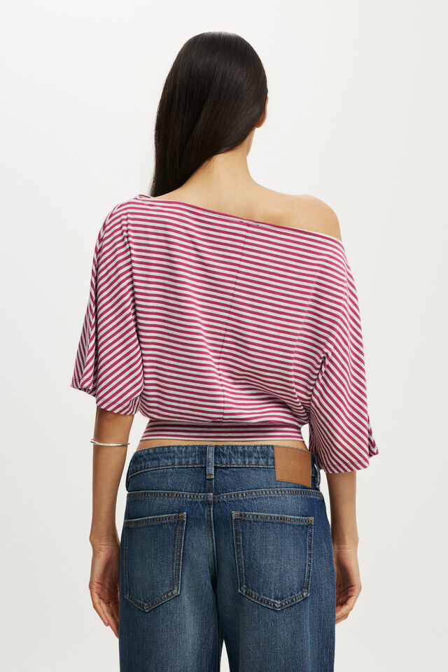 Sage Off Shoulder Short Sleeve, MADI STRIPE DARK LOTUS