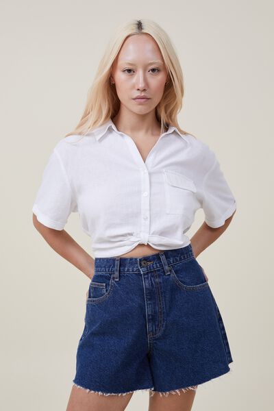 Cropped Front Knot Shirt, WHITE