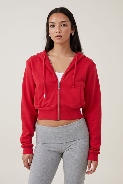 Cropped Fitted Zip Through, CRIMSON