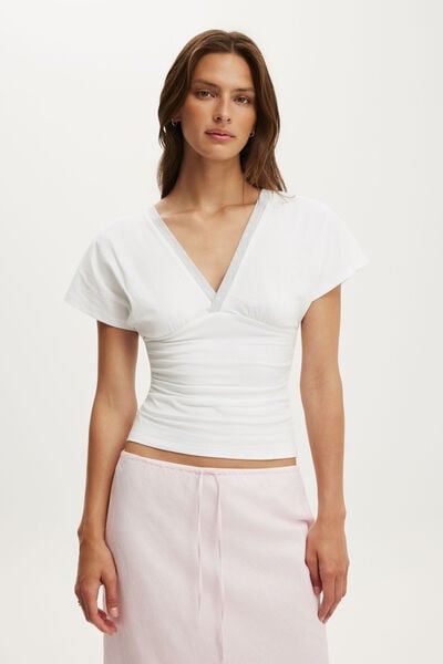 Benni Cinched Vee Tee, WHITE/GREY MARLE