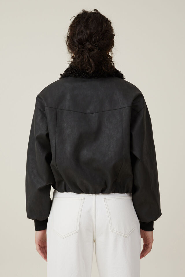 Lucia Faux Leather Bomber Jacket, BLACK