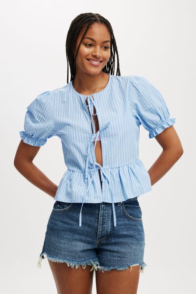 Tie Up Short Sleeve Blouse, BLUE STRIPE