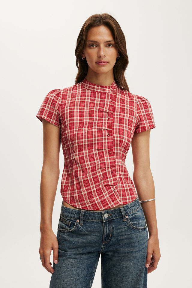 Nikki Button Through Blouse, RED CHECK
