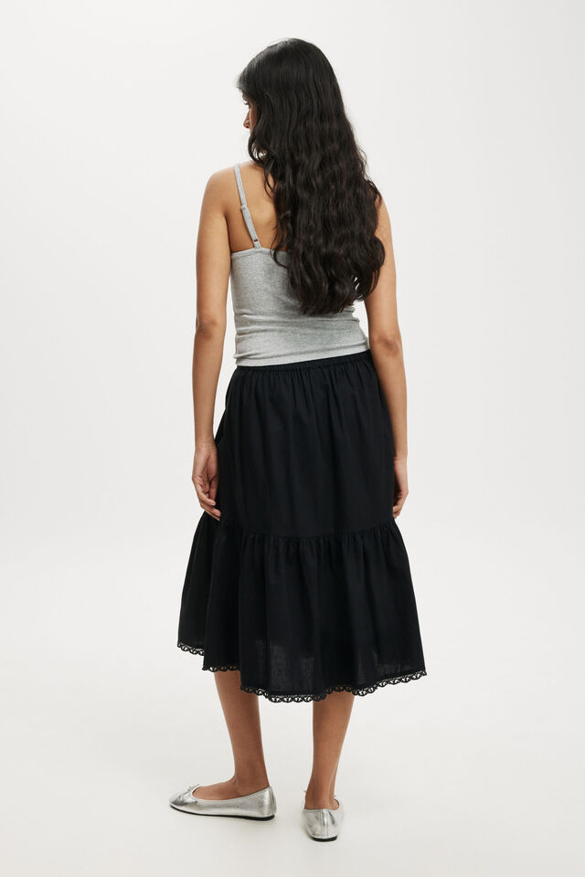 Sloane Tiered Midi Skirt, BLACK