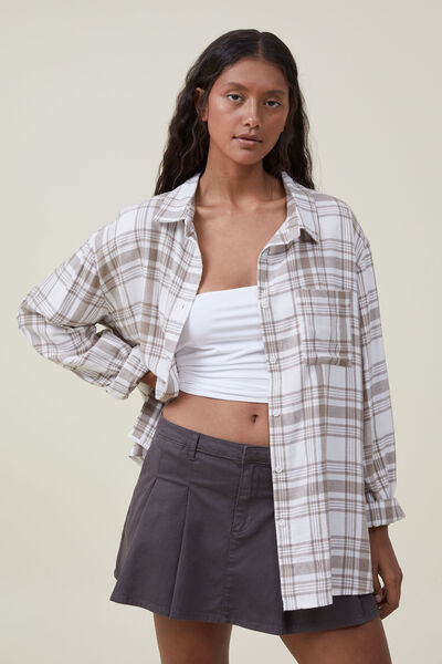Blusa - Boyfriend Flannel Shirt, BEIGE CHECK