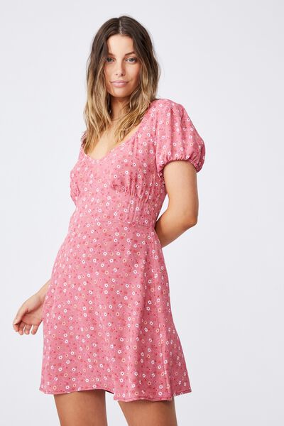 Woven Essential Tie Back Mini Tea Dress, KATE DITSY RUBY PINK