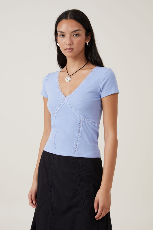 Daisy Lace Trim Tee, FROSTED BLUE