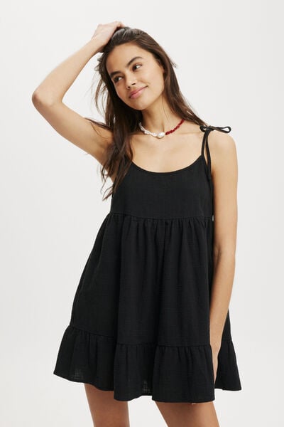 Sunny Babydoll Mini Dress, BLACK