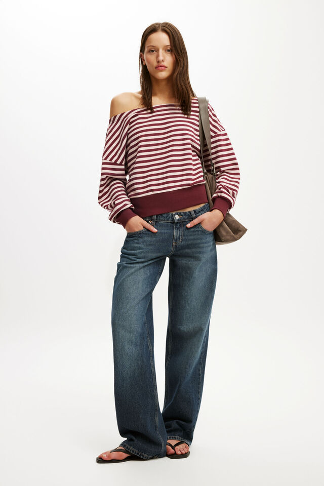 Relaxed Off Shoulder Sweatshirt, SOUR CHERRY/SPELLBOUND STRIPE