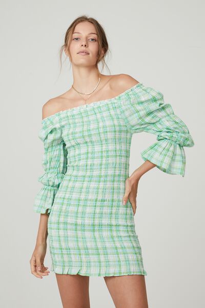Poppy Shirred Long Sleeve Mini Dress, MAE CHECK GRASS GREEN
