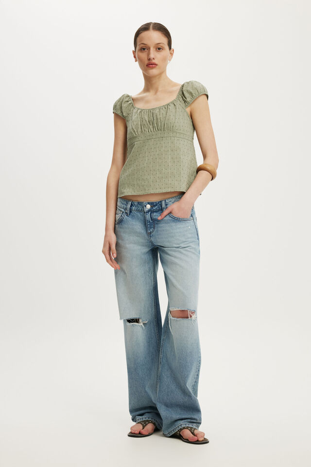 Tie Back Babydoll Top, PALE EUCALYPTUS TEXTURE