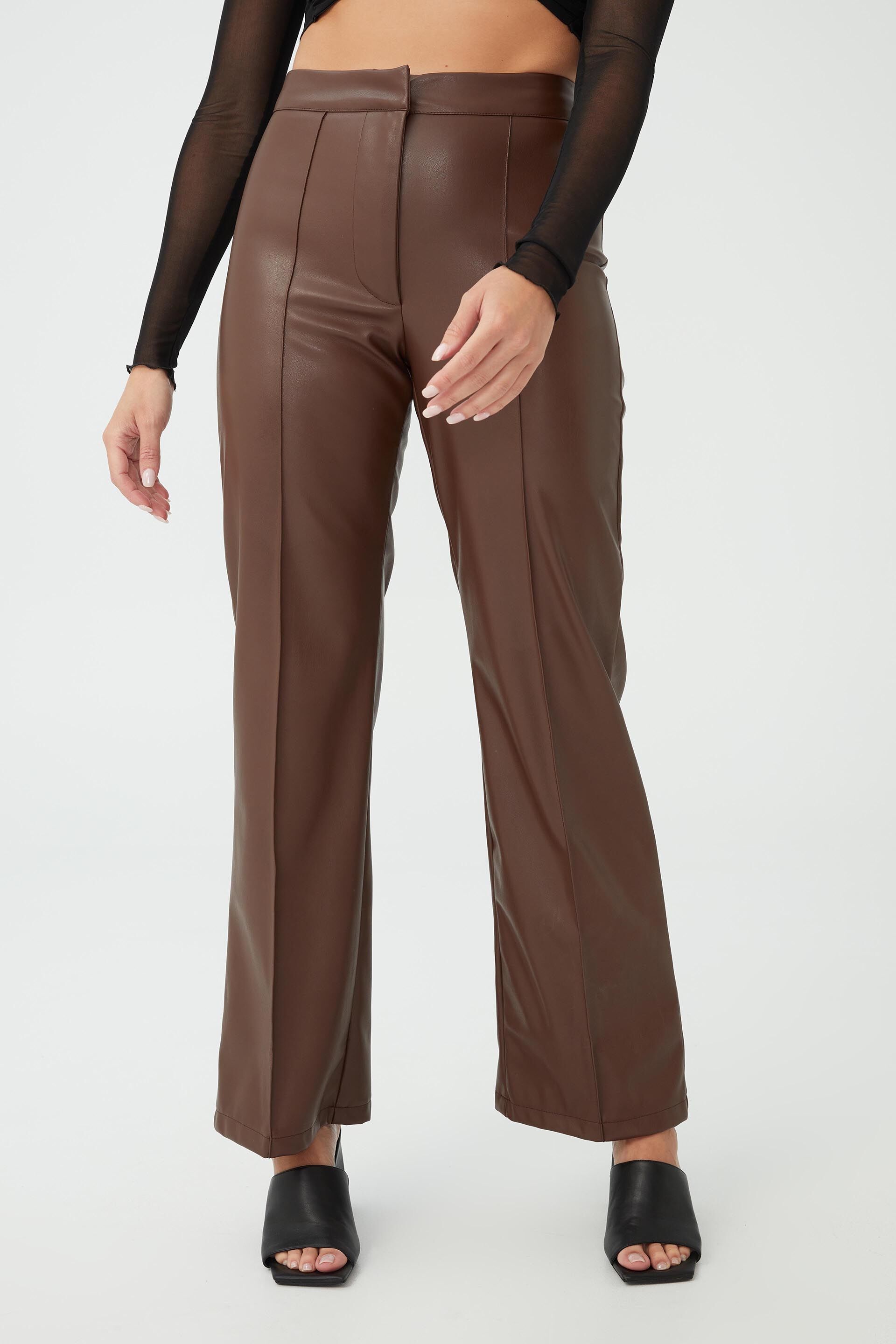 wide leg brown leather pants