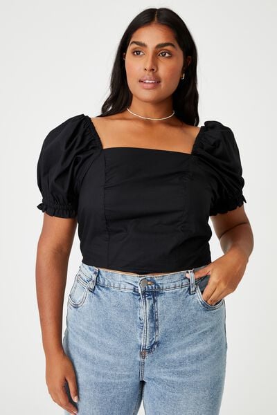 Curve Holly Woven Square Neck Top, BLACK