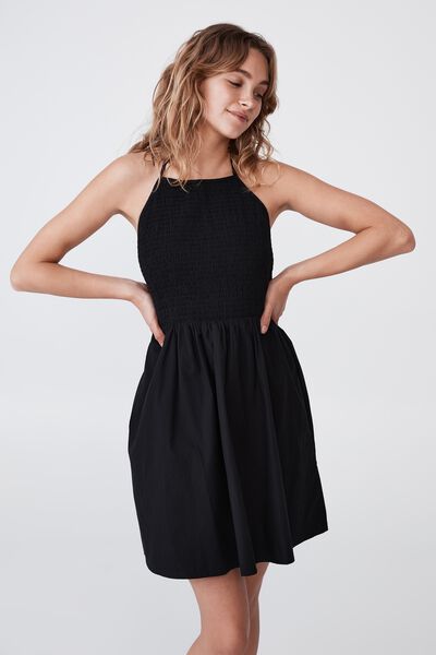 Poppy Shirred Halter Mini Dress, BLACK