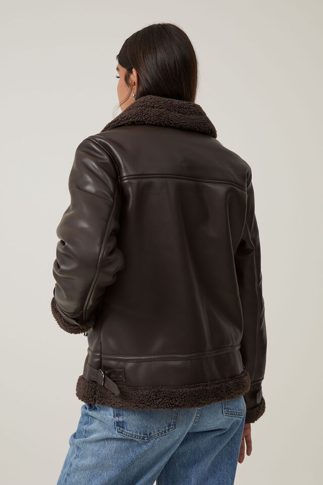 Faux Leather Aviator Jacket, CHOCOLATE