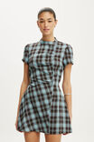 Nikki Button Mini Dress, BLUE BROWN CHECK - example image 2