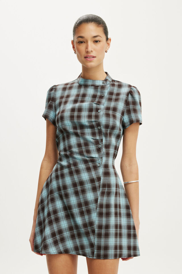 Nikki Button Mini Dress, BLUE BROWN CHECK