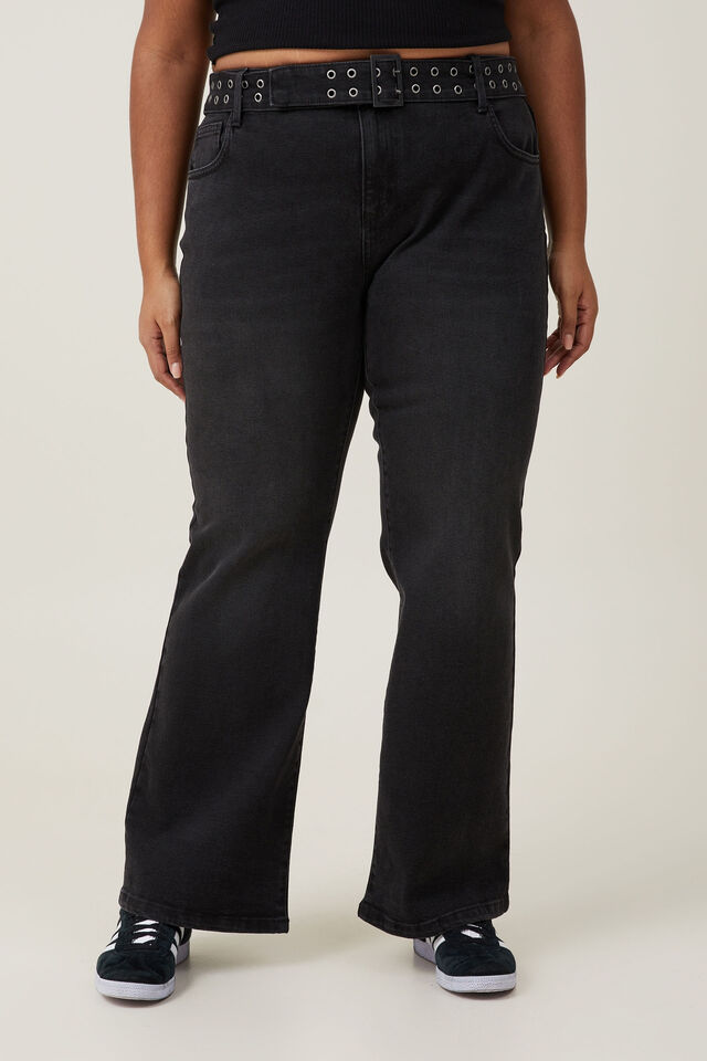 Stretch Bootcut Flare Jean, Black Pepper/Eyelet Belt