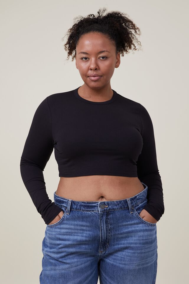 Cotton:On long sleeve fitted crop top in black