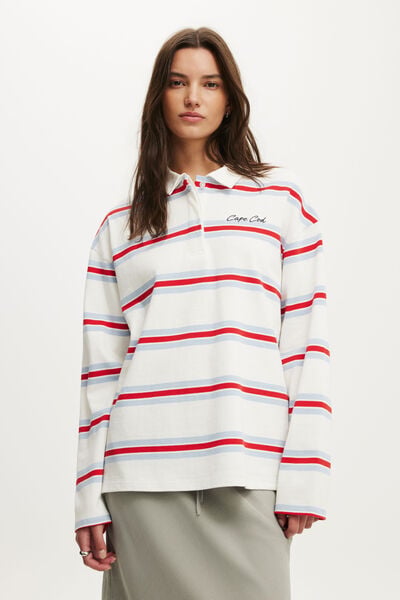 Oversized Long Sleeve Graphic Polo, CAPE COD / BLUE RED STRIPE