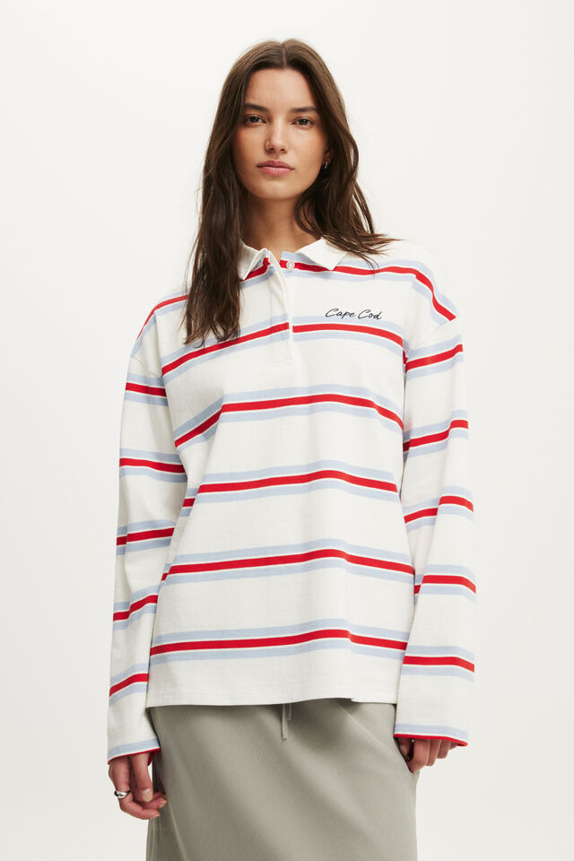 Oversized Long Sleeve Graphic Polo, CAPE COD / BLUE RED STRIPE