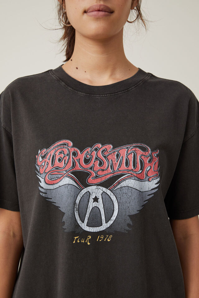 Camiseta - Boyfriend Fit Graphic License Tee, LCN BR AEROSMITH/WASHED BLACK