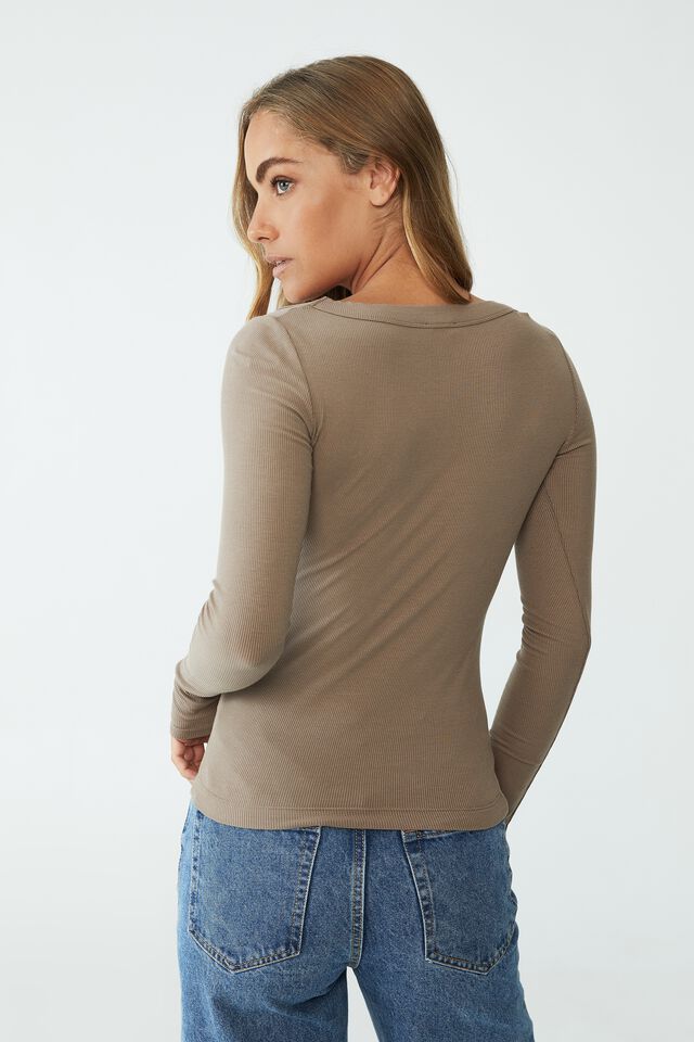 Staple Rib Scoop Neck Long Sleeve Top, RICH TAUPE