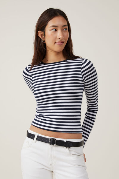 The One Basic Crew Neck Long Sleeve Top, CARA STRIPE WHITE/INK NAVY