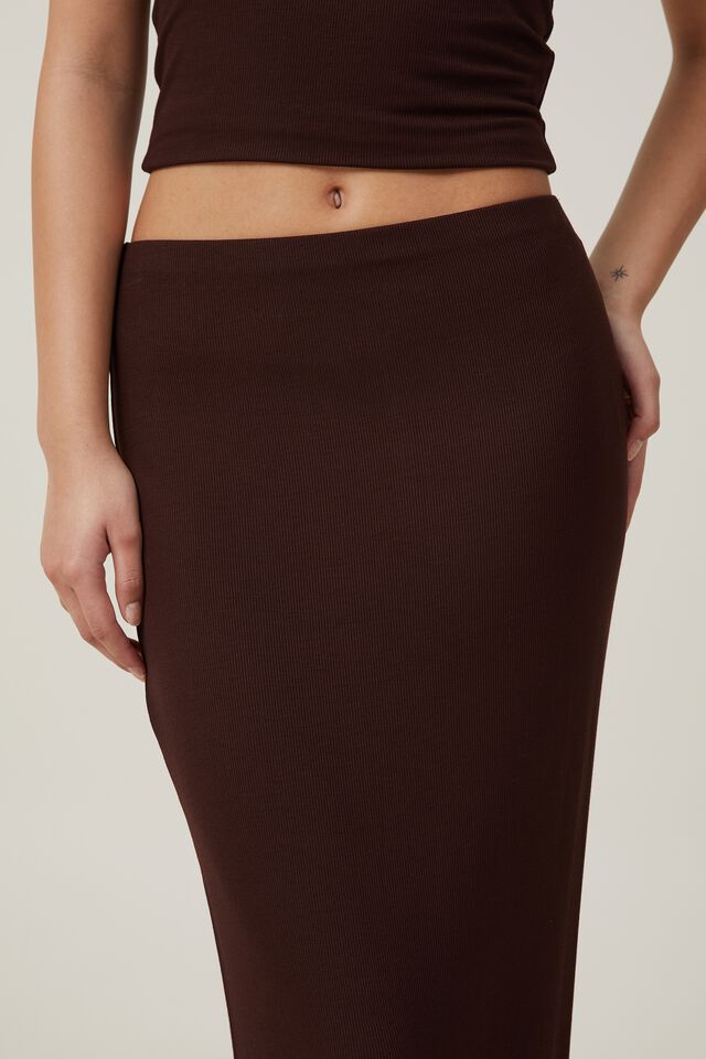 Brown Maxi Skirt Front Slit Ribbed