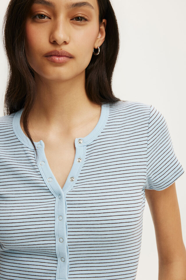 Blake Rib Henley Short Sleeve, LISA STRIPE SEASIDE BLUE/DARK OAK