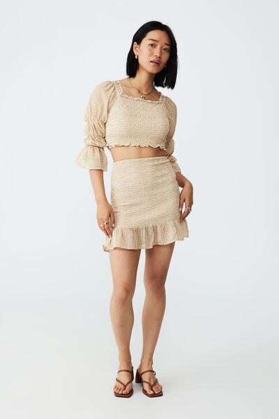 Petite Shirred Ruffle Mini Skirt, HANNAH CHECK LINEN TAUPE
