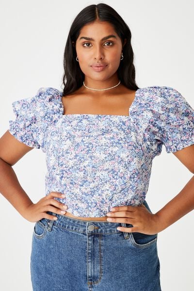 Curve Holly Woven Square Neck Top, DIANE FLORAL COASTAL BLUE