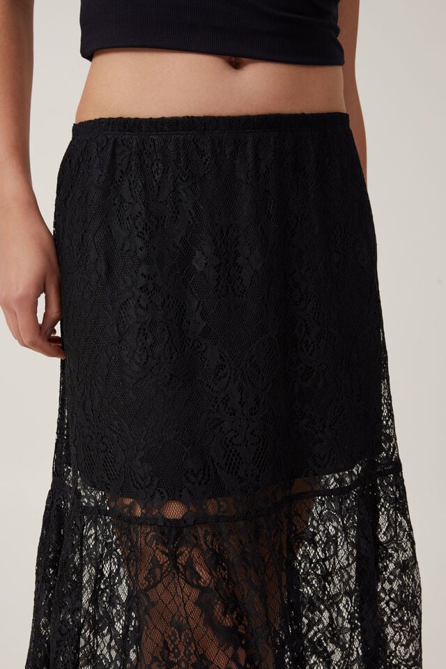 Lace Tiered Maxi Skirt, BLACK