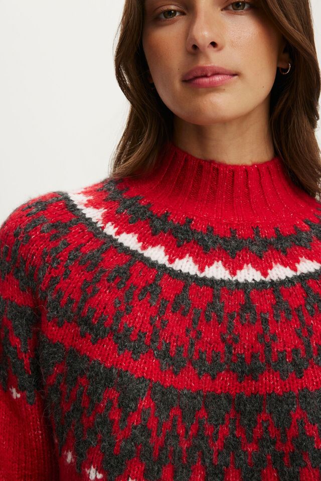 Fairisle Mock Neck Sweater, RED PETAL FAIRISLE