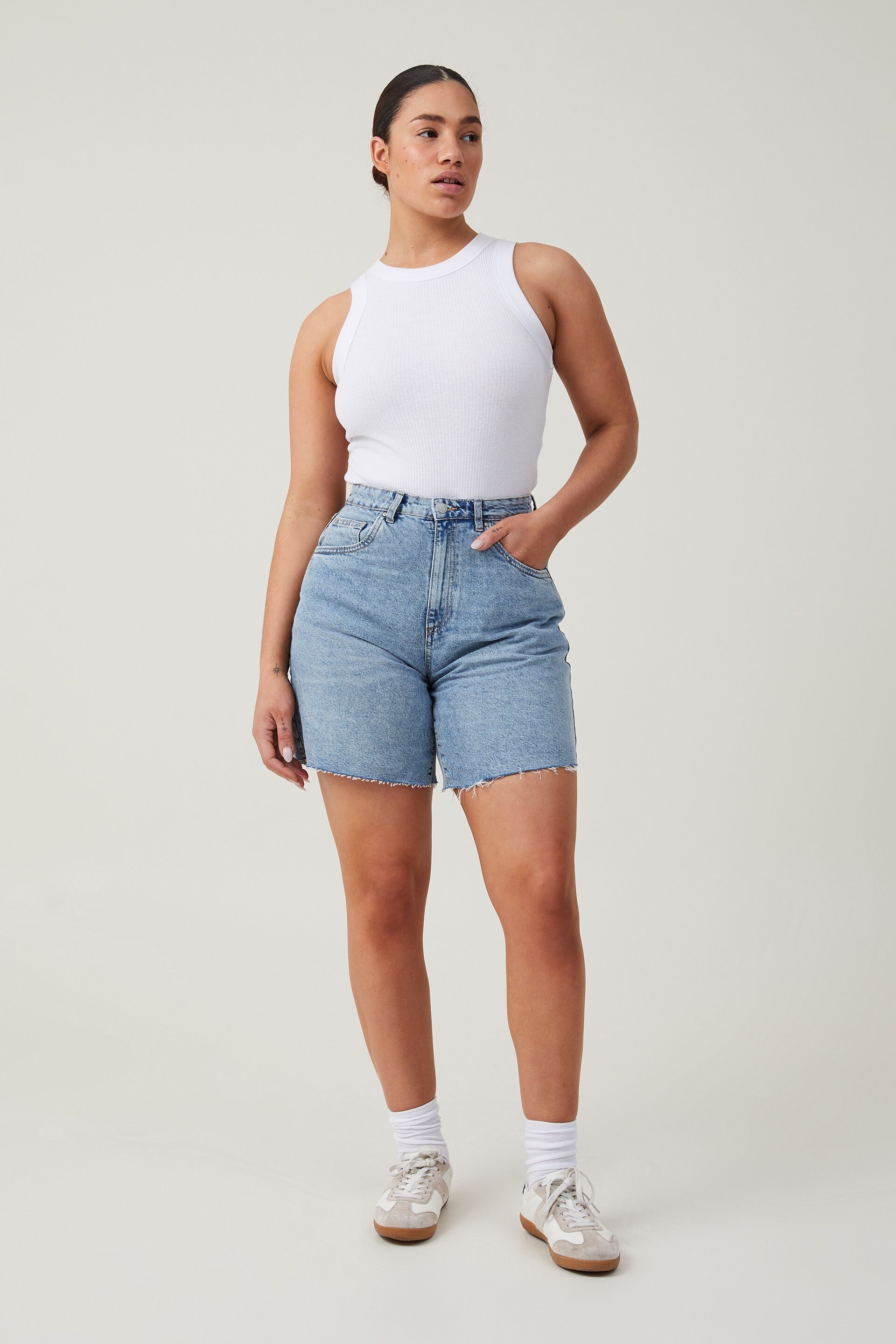 Curvy Fit Bermuda High Denim shorts - White - Ladies | H&M IN