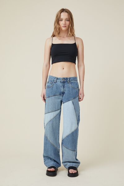 Low Straight Panel Jean, BLUE PATCHWORK