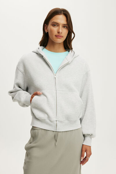 Waffle Zip Through Hoodie, LIGHT GREY MARLE