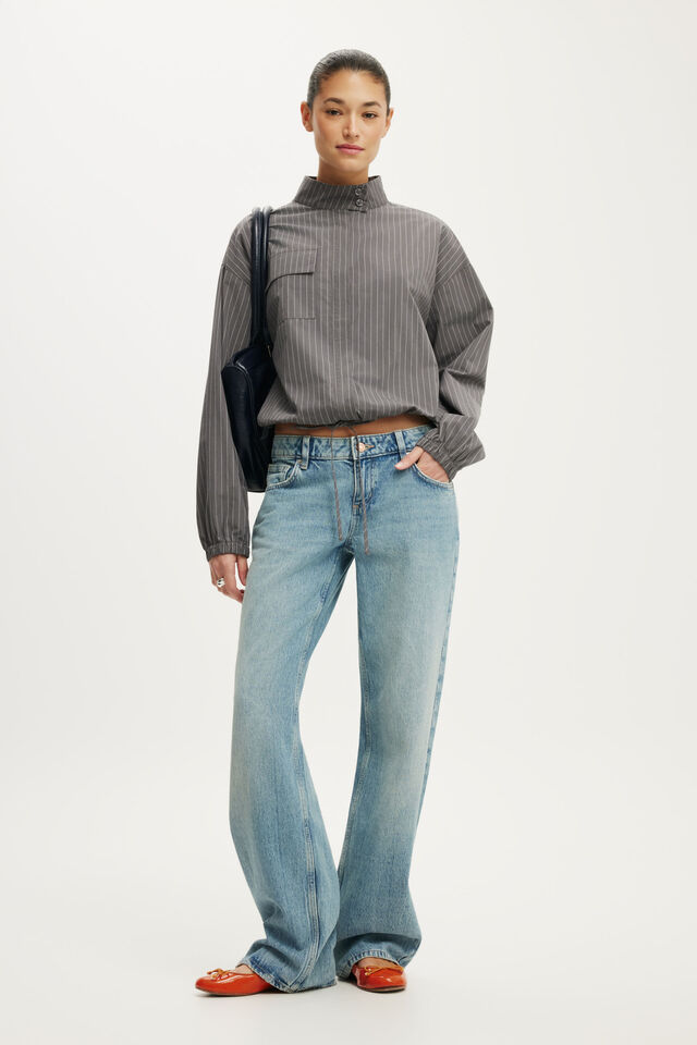 Chloe Funnel Neck Shirt, KYLIE PINSTRIPE GREY