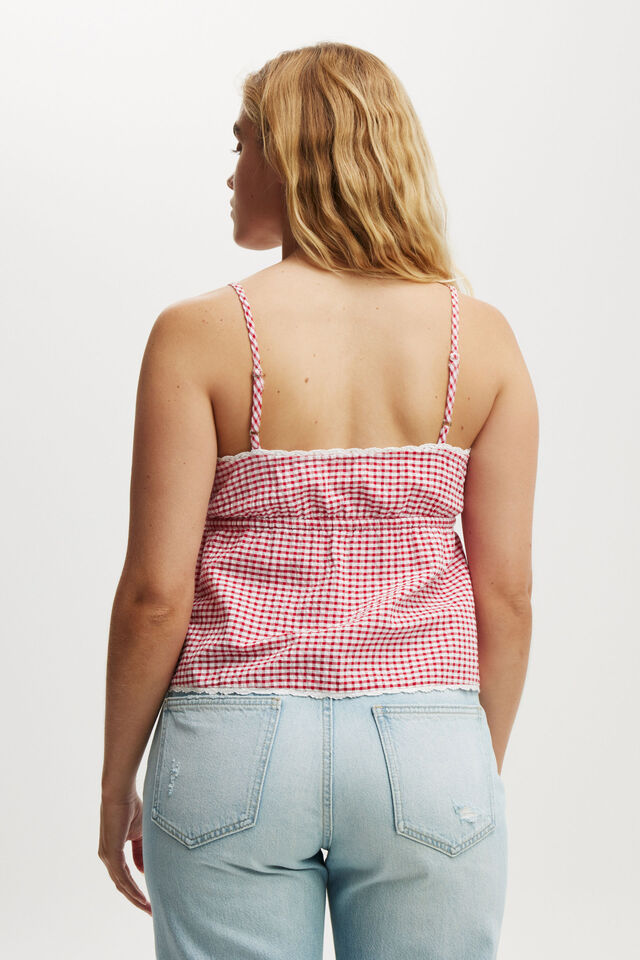 Cotton Lace Straight Neck Cami, PICNIC GINGHAM RED