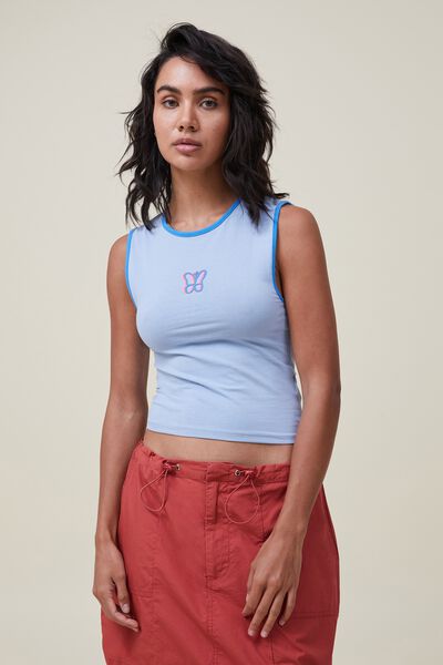 90 S Crop Graphic Tank, BUTTERFLY BUILD/LIGHT BLUE