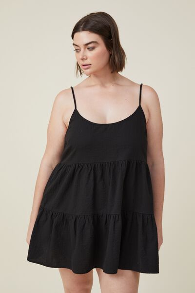 Curve Woven Summer Tiered Mini Dress, BLACK
