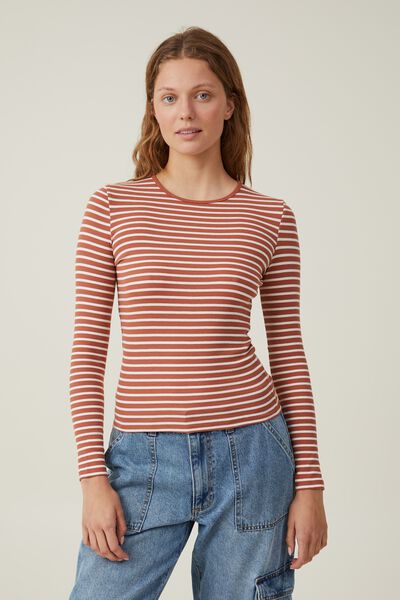 The One Organic Rib Crew Long Sleeve Top, LEAH STRIPE COPPER/NATURAL WHITE