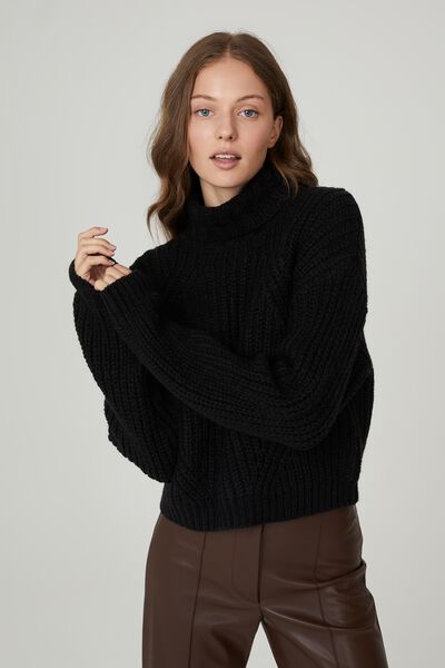 Crop Text Chunky Roll Neck, BLACK