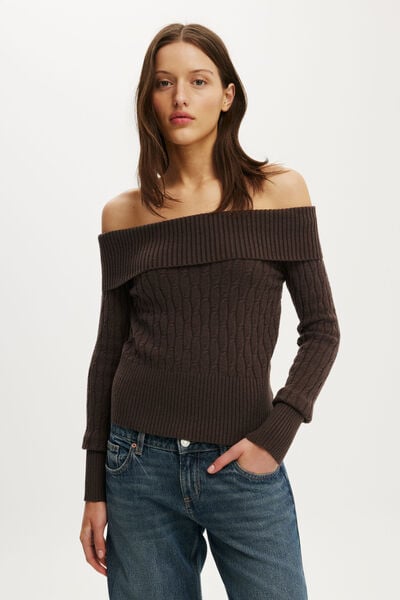Lotus Off Shoulder Knit, DARK OAK