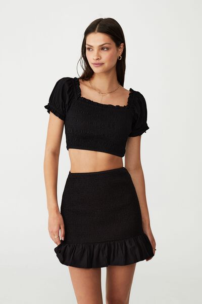 Sierra Shirred Mini Skirt, BLACK