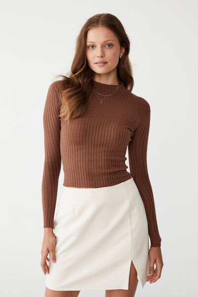 Ribbing Mock Neck Pullover, RICH TAUPE TWO TONE